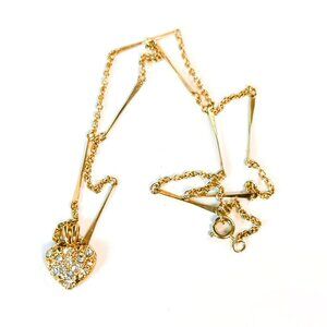 Vintage Gold Heart Necklace With Rhinestones & Unique Chain Design 19-Inches